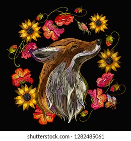 Embroidery red fox and flowers. Fashion template for clothes, textiles, t-shirt design. Animals art