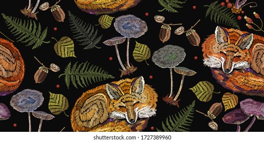 Embroidery. Red fox sleeping in autumn forest. Mushrooms and herbs seamless pattern. Fashionable template for design of clothes 