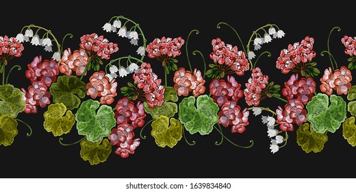 Embroidery, red geranium and white snowdrops flowers. Horizontal seamless pattern. Spring art. Clothes template, t-shirt design