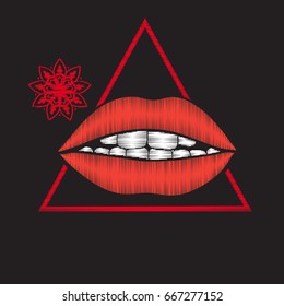 Embroidery with red lips and love heart on black background