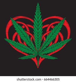 Embroidery with red love heart and cannabis leaves.