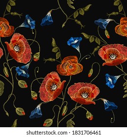 Embroidery red poppies and blue flowers, seamless pattern. Fashion template for clothes, textiles 