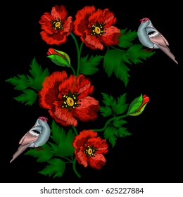 Embroidery of red poppies and bullfinches on a black background for your dress, shirt, jeans, bags.