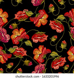 Embroidery red poppies flowers seamless pattern. Summer floral art. Template for clothes, textiles, t-shirt design