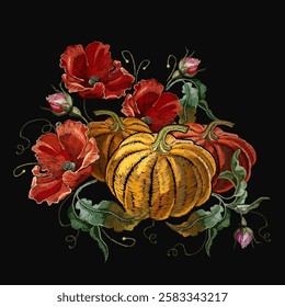 Embroidery red poppies and orange pumpkin. Botanical illustration. Summer garden, fashion template for clothes, textiles and t-shirt design. Garden art