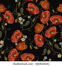 Embroidery red poppies seamless pattern beautiful flowers. Decorative floral embroidery elegant flowers poppy pattern vector 