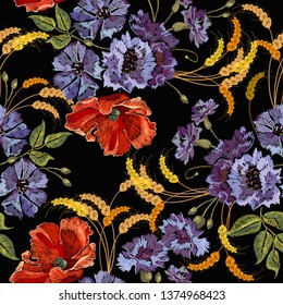 Embroidery red poppies, violet flowers and gold ears of wheat seamless pattern. Fashion art nouveau template for clothes and t-shirt design 
