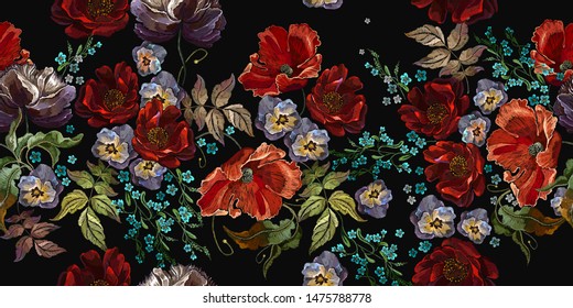 Embroidery. Red poppies and violet flowers, summer bouquet.  Floral seamless pattern. Summer botanical fashion illustration. Template for clothes 