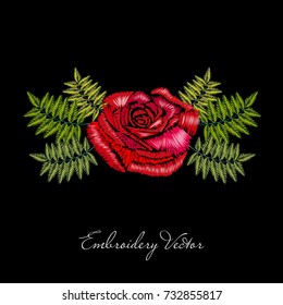 Embroidery red rose bouquet tropical leaf palm print template , embroidered design hand drawn vector