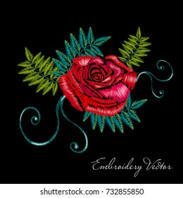 Embroidery red rose bouquet tropical leaf palm print template , embroidered design hand drawn vector