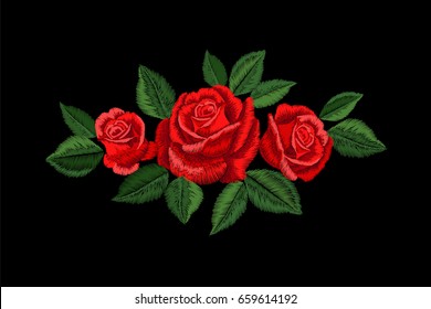 Embroidery red rose. Fashion patch decoration sticker. Flower embroidered ornament arrangement. Traditional ethnic fabric textile print vector illustration art