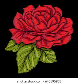 Embroidery red rose with green leaves on black background. Stock line vector illustration. 