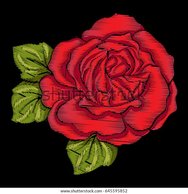 Embroidery Red Rose Green Leaves On Stock Vector (Royalty Free ...