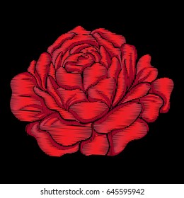 Embroidery red rose on black background. Stock line vector illustration. 