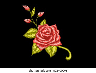 Embroidery red rose pattern with d.Vector traditional folk fashion ornament on black background.