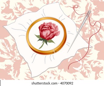 Embroidery. Red rose stitchery on white fabric, wood hoop, silver needle and thread on vintage pastel pink damask rose design background pattern. EPS8 compatible.