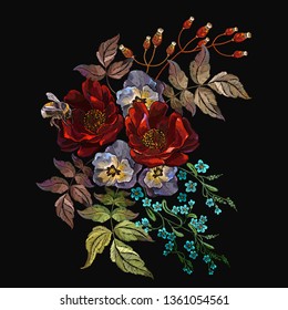 Embroidery red roses, beautiful bouquet of flowers. Spring template for clothes, textiles, t-shirt design 