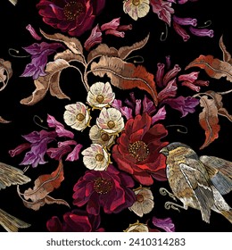 Embroidery. Red roses, birds and white flowers seamless pattern vector. Fashionable template for clothes. Summer garden floral art