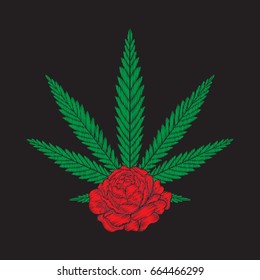 Embroidery with red roses and cannabis leaves.