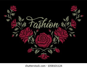 Embroidery Red roses design. For Fashion with slogan. Vector floral print. Flowers
