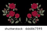 Embroidery. Red roses. Fashion design. Vector floral print. Flowers.