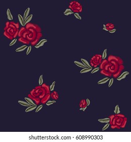 Embroidery. Red roses. Flowers and leaves. Vector seamless pattern.