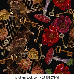 Embroidery red roses flowers, vintage keys, raven birds and golden cage. Seamless pattern. Romantic gothic template clothes, t-shirt design, textile design. Dark fairy tale art 