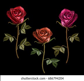 Embroidery red roses on black background. Classic embroidery red roses flowers. Template for clothes, textiles, t-shirt design vector