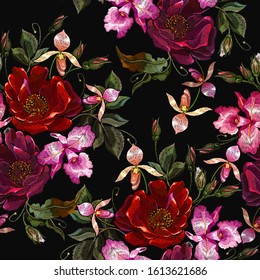 Embroidery. Red roses and orchids flowers. Seamless pattern. Template for clothes, textiles, t-shirt design. Beautiful tropical art 