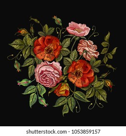 Embroidery red roses and pink peonies. Classical embroidery vintage buds of roses on black background. Fashionable template for design of clothes, t-shirt design, tapestry flowers renaissance style   