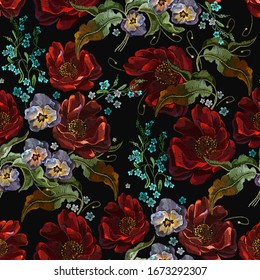 Embroidery. Red roses and violet flowers. Summer floral seamless pattern. Botanical fashion illustration. Template for clothes 