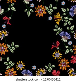 Embroidery repeat pattern with ethnic flowers. Vector seamless floral patch for clothing design.