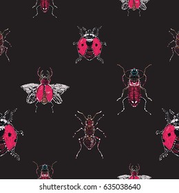 Embroidery and rhinestones brown bug, forest ant, flying ladybag, red flying bug. Fashion crystal patch with insects illustration. Seamless pattern on black background.