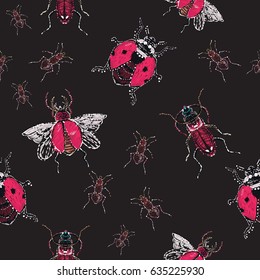 Embroidery and rhinestones brown bug, forest ant, flying ladybag, red flying bug. Fashion crystal patch with insects illustration. Seamless pattern on black background.