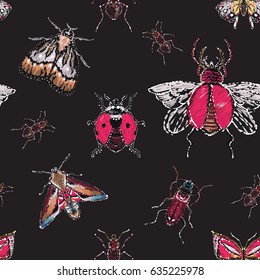 Embroidery And Rhinestones Brown Bug, Forest Ant, Red Fly, Night Butterfly, Moth Butterfly, Big Tropical Butterfly, Flying Ladybag, Red Flying Bug. Fashion Crystal Patch With Insects. Seamless Pattern