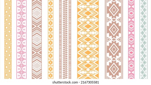 Embroidery ribbons vector set. Seamless edge ornaments isolated. Crochet stripes. Ukrainian folk patterns. Accessories hem braid stencils. Ornate tapes. Craft elements.