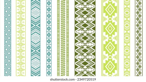 Embroidery ribbons vector set. Seamless vertical edge ornaments isolated. Knitted strip edging. Slavic folk patterns. Fishnet filigree weave frills. Geometric texture.