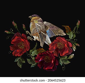 Embroidery ring from red roses flowers and bird. Spring art. Fashionable template for clothes, t-shirt design. Classical embroidery n black background