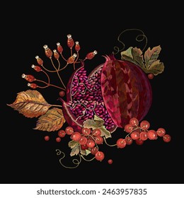 Embroidery ripened pomegranate,red currant and autumn leaves. Summer graphic art. Template fashionable clothes, t-shirt design