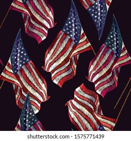 Embroidery rippled American flag, seamless pattern. Patriotic art. Template for clothes, t-shirt design 