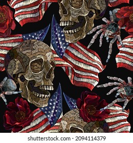 Embroidery rippled American flag, skulls and tarantula spiders seamless pattern. Gothic patriotic art. Halloween background. Template for clothes, t-shirt design 