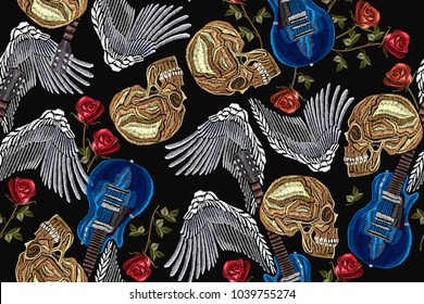 Embroidery rock music seamless pattern. Skull, guitar, wings, classical embroidery, music print template for clothes, textiles, t-shirt design