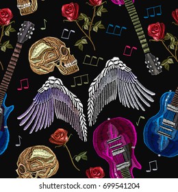 Embroidery rock music seamless pattern. Guitar, gothic roses, angel wings, human skull, music notes. Cool rock pattern for clothes. Embroidery gothic rock music fashion art