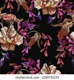 Embroidery romantic autumn pink roses flowers and meadows herbs. Garden art. Seamless pattern. Fashion clothes template and t-shirt design. Gothic and medieval style