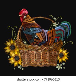 Embroidery rooster in a wicker basket seamless pattern.  Classical embroidery sunflowers and beautiful male rooster vector