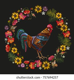 Embroidery rooster and wreath of flowers. Fashion template for clothes, textiles, t-shirt design. Classical embroidery beautiful male rooster, red roses, peonies, sunflowers, butterflies