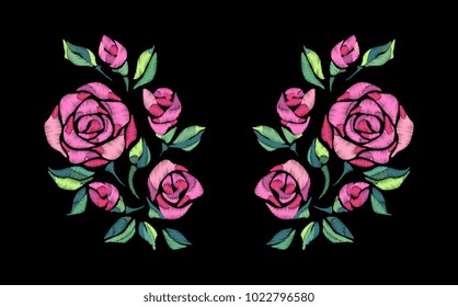 Embroidery rose branch. Border frame. Floral patch, boho, bohemian fashion patchwork. Botanical ethnic, folk art. Vector hand drawn artwork. Sewing stitch. Black, pink, red, green color. Colorful
