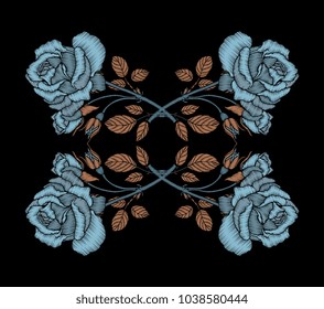 Embroidery rose branch pattern. Craft. Botanical ethnic, folk art. Border frame. Floral patch, boho, bohemian fashion patchwork. Vector hand drawn artwork. Sewing stitch. Black, blue, brown colors