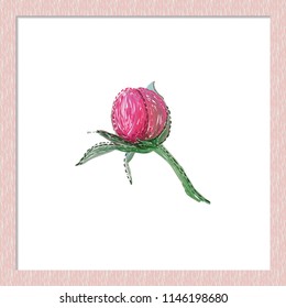 Embroidery rose bulb sketch patch. Hand drawn stitching style floral illustration of flowers bud. Isolated flower on white background inside a soft pink wooden frame.