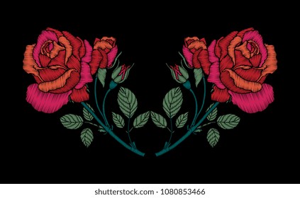 Embroidery rose flower branch. Craft. Botanical ethnic, folk art. Border frame. Floral patch, boho, bohemian fashion patchwork. Vector hand drawn artwork. Sewing stitch. Black, green, red